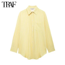 TRAF Striped Oversized Shirt Women Yellow Button up Long Shirt Woman Long Sleeve Shirts and Blouses Women Summer Casual Shirts