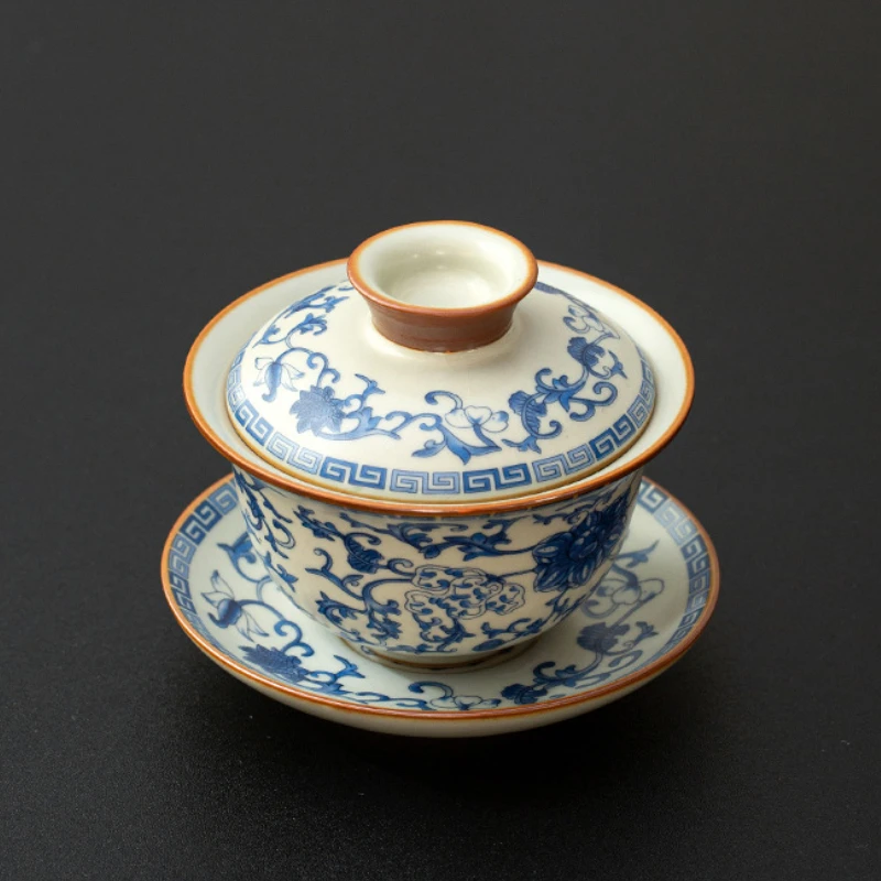 

Сине-белые витые ветки Sancai, крышка, чаша, бежевая печь Ru, высококачественная крышка, чаша, бытовая чайник, чайная чашка