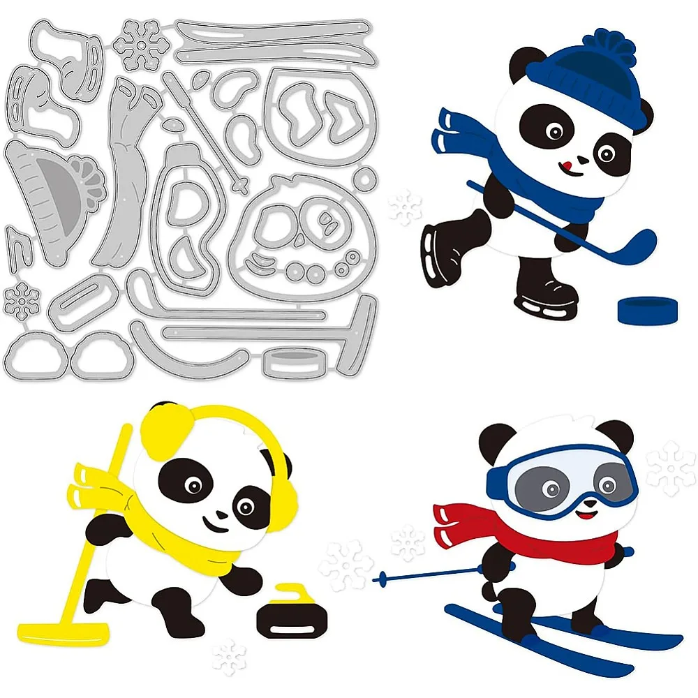 12.1x11.7/4.7x4.6Inch Panda Ski Dies Set Ice Hockey Curling Scarf Hat Goggles Carbon Steel Stencil Template for DIY Scrapbooking