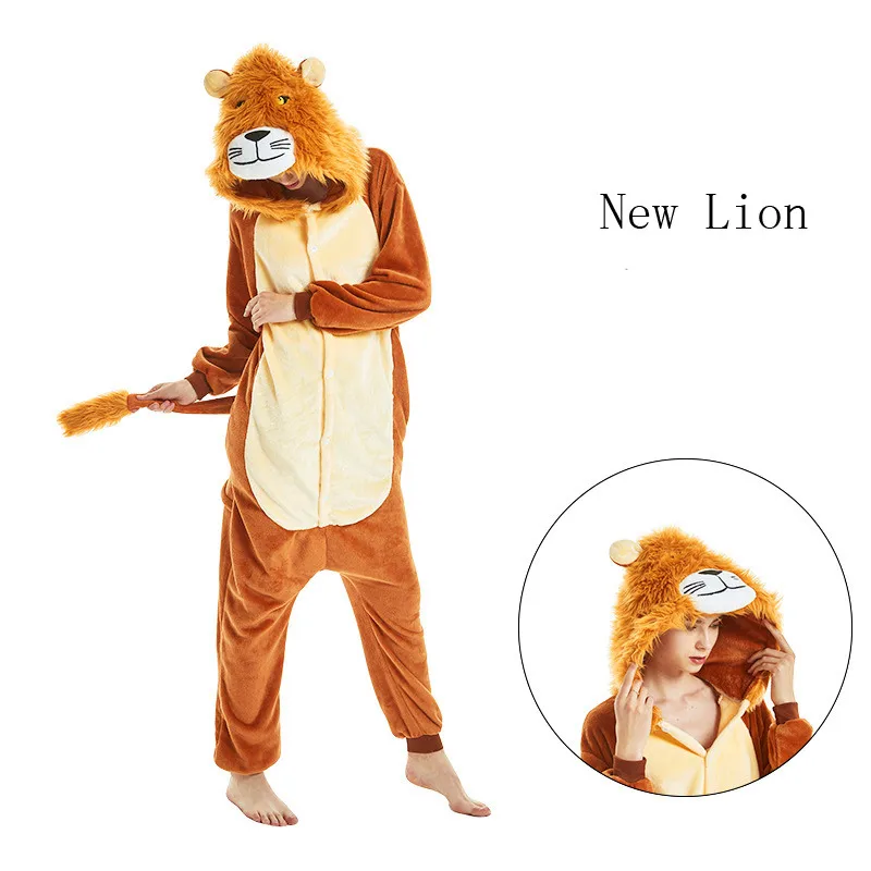 Kigurumi Deer Fox Lion Tiger Animal Cartoon Onesies Flannel Pajamas Women Men Hooded Sleepwear Jumpsuits Anime Cosplay Costumes