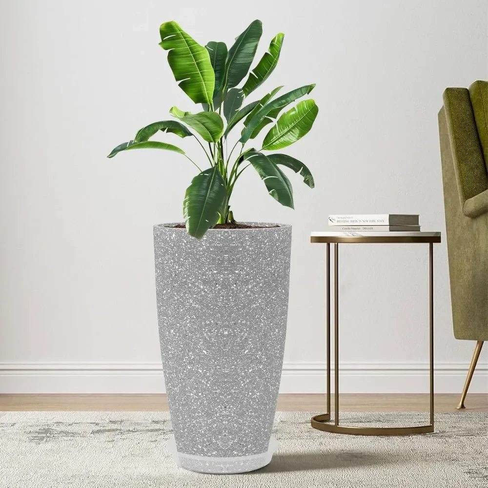 

Tall Flower Pot Indoor - Outdoor Plant Pot - Elegant Stone Imitation - 12" Diameter 21" Tall with Drainage Holes and Saucer