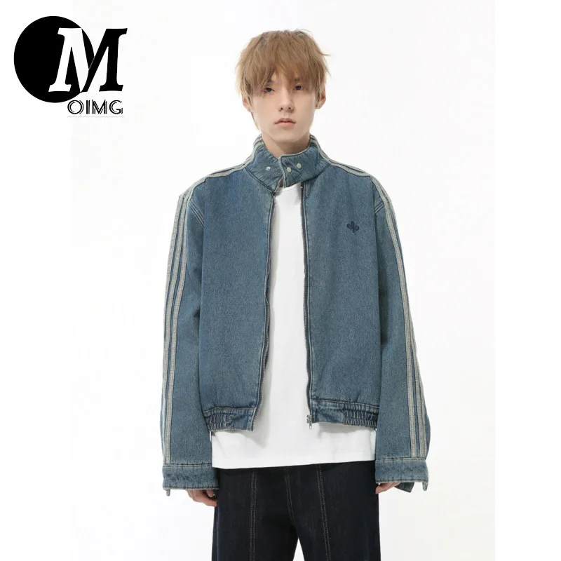 [OIMG] 2025 Autumn New Product American Stand up Collar Side Stripes with Velvet Zipper Denim Jacket