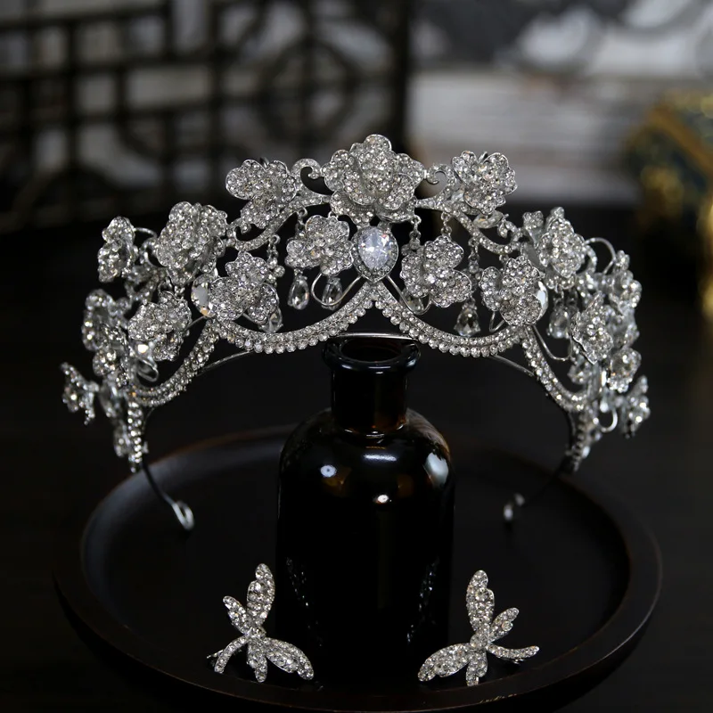 CC Luxury Bridal Crown With Earrings Tassel Floral Elegant Wedding Headpiece Dainty Flower Tiara Woman Hair Jewelry Accessories