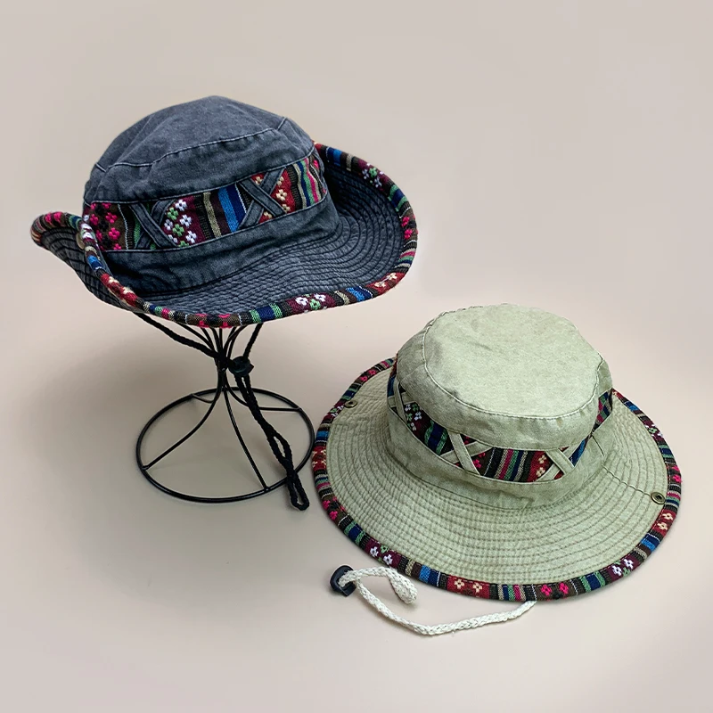 Ethnic Style Travel Bucket Hat Drawstring New Unisex Retro Sunshade Outdoor Breathable Niche Versatile Casual Fashion Alpine Cap