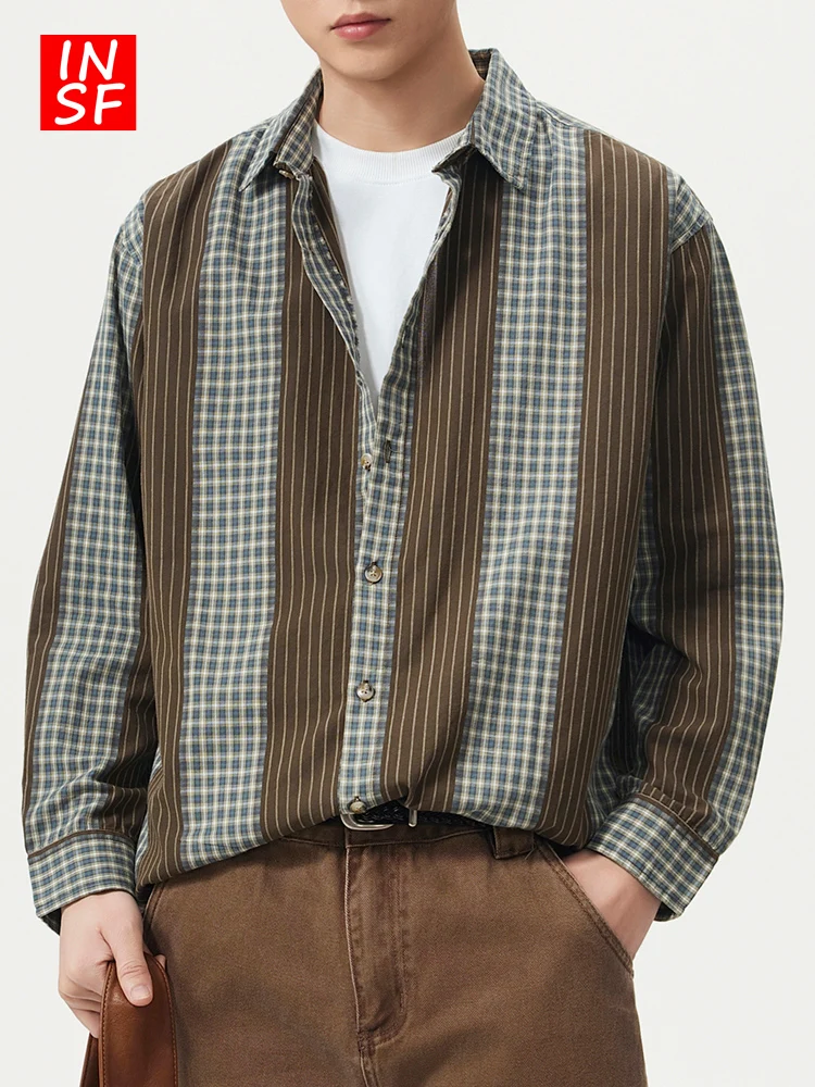 

Мужская рубашка в американском ретро-стиле с цветными блоками, новая весенняя коллекция, повседневная, трендовая, свободного кроя, простая, роскошная, из хлопка, с длинным рукавом, на пуговицах