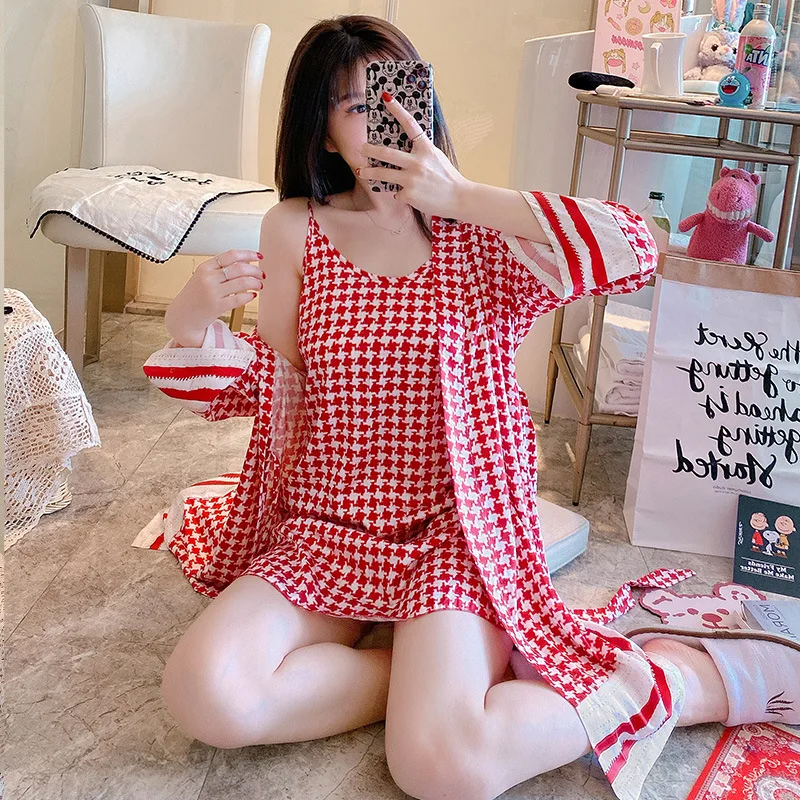 2023 Summer Sexy Sleeping Dress Sling Dress Thin Ice Silk Thousand Bird Pattern Bathrobe Long Sleeve Sleeping Gown Pijama Women