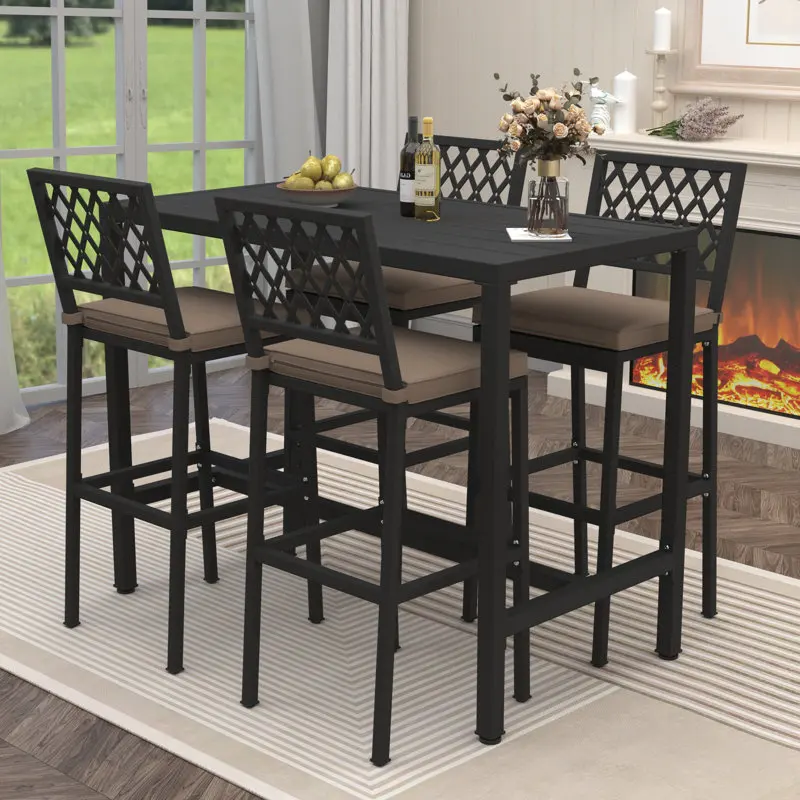 

！@Wholesale Household High Bar Chairs Rectangular Table Set Outdoor 4 Person Metal Patio Dining Set