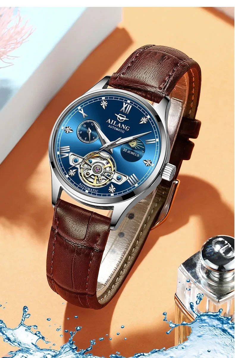 Ms. Ailang brand fashion high-end automatic mechanical watch waterproof hollow moon tourbillon view 2
