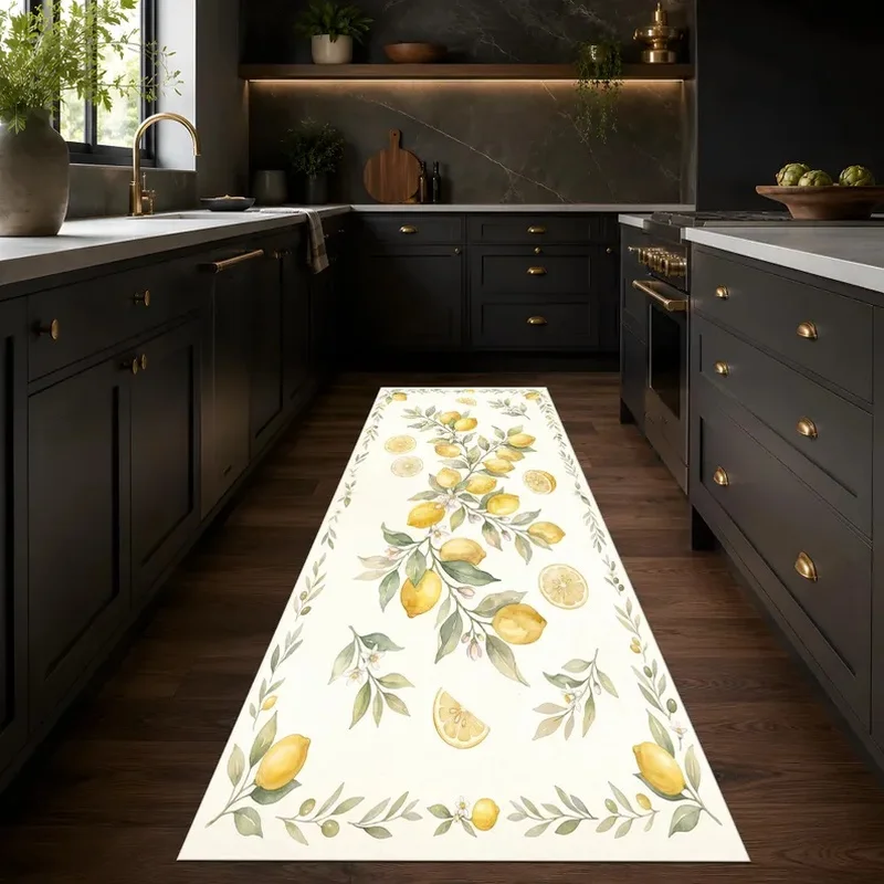 VIKAMA Mediterranean Lemon Kitchen Mat, Non-Slip Washable Rug, Watercolor Floral Fruit Decor for Home Kitchen