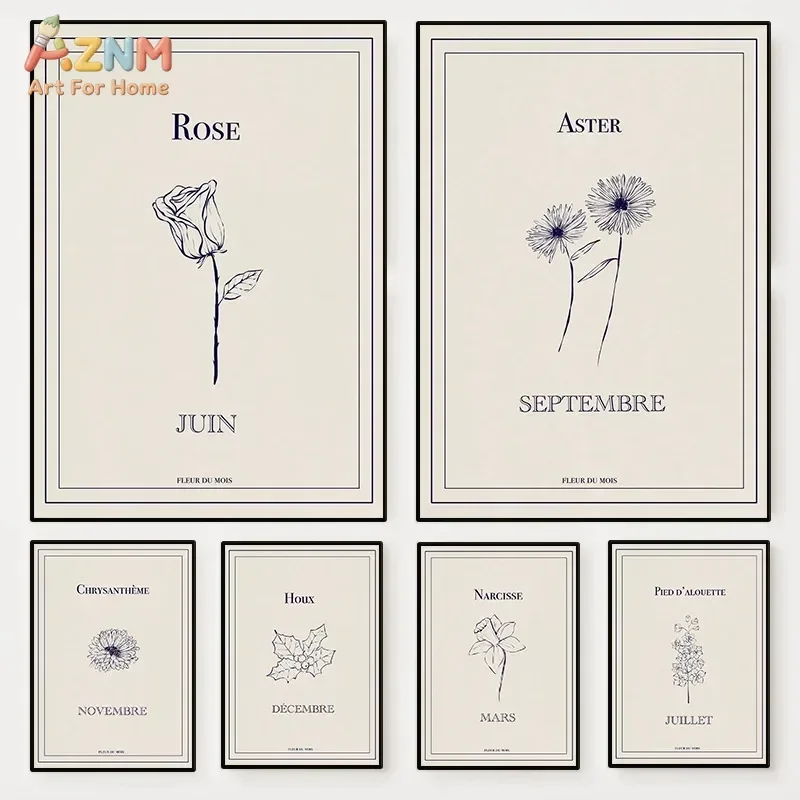 AZNM French Sketch Birth Month Floral Canvas Poster, Frameless Neutral Vintage Line Flower Wall Art For Bedroom Study Room Aesth