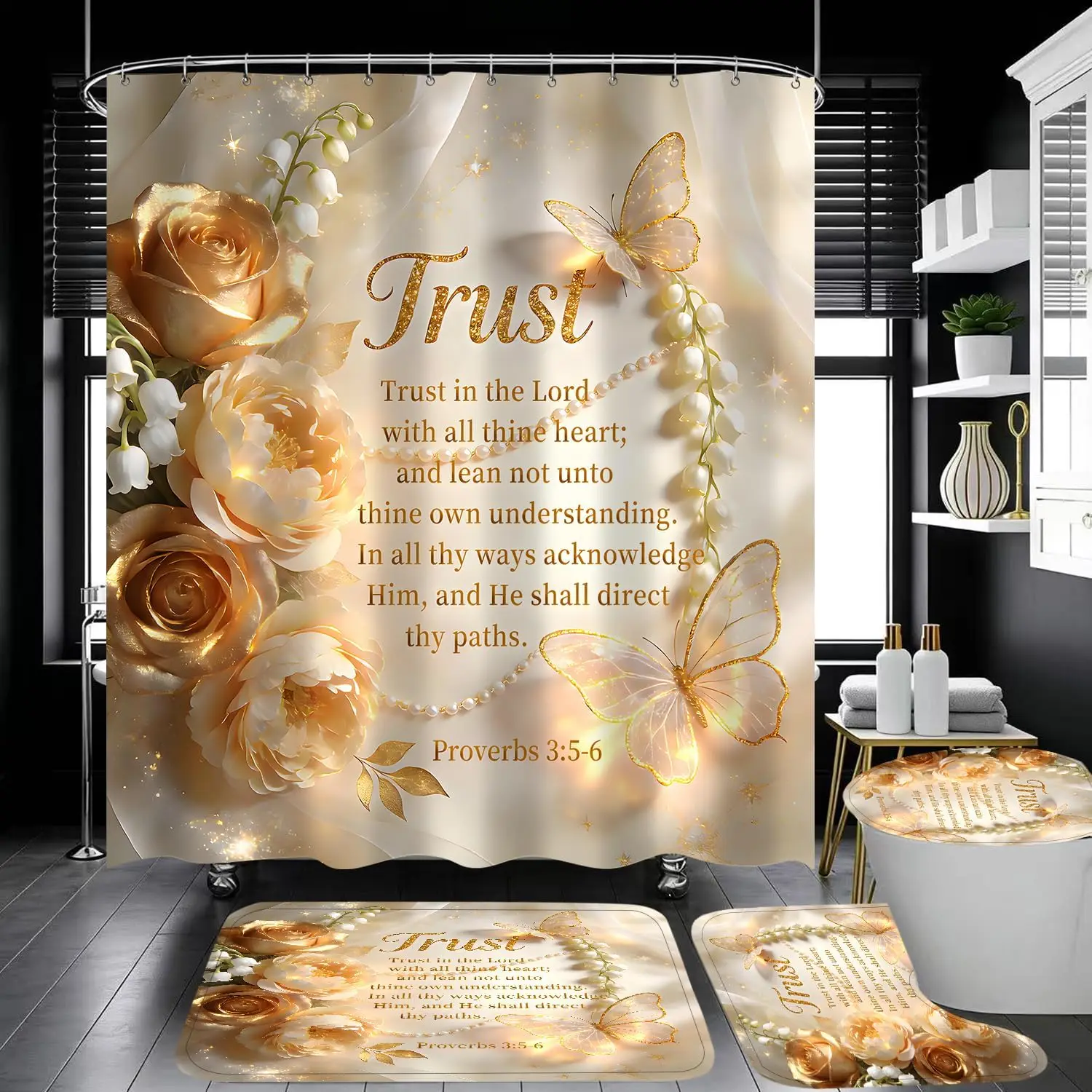 

Набор для ванной из 4 предметов: шторка для душа и коврики, декор для ванной комнаты в цвете шампань с цветочным узором и бабочками, водонепроницаемый и нескользящий