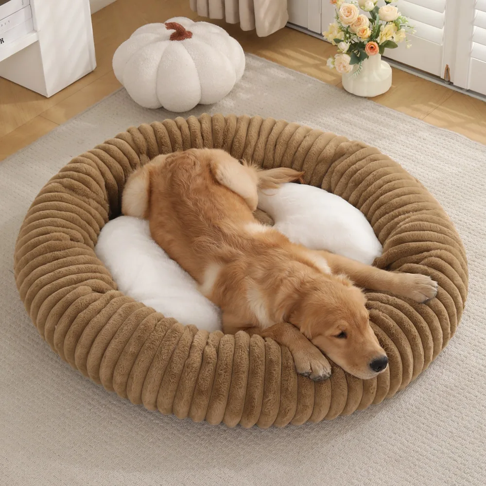 

2026 Plush Round Pet Bed All Season Warm Washable Dog Cat Nest with Non Slip Bottom for Medium Large Dogs Cozy Winter Bed