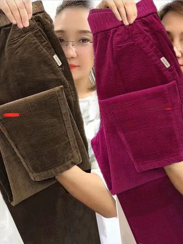 

Весенне-осенние вельветовые женские повседневные брюки с эластичной резинкой на талии, тонкие свободные утягивающие брюки большого размера Mom Harlan, модные полиэстеры с высокой талией...