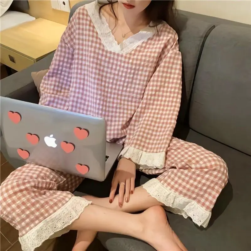 

Новая одежда для сна для женщин весной и осенью, корейская версия, милый японский клетчатый кружевной домашний наряд с длинными рукавами для девочек