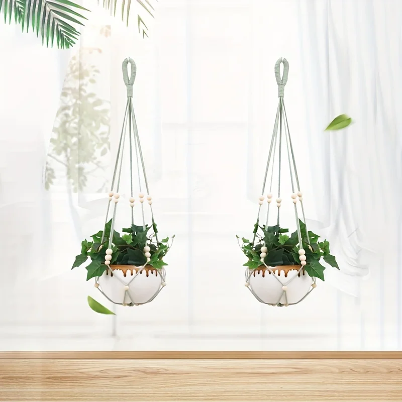 2pcs Lace Plant Hanger with Wooden Beads - No Tassels Durable Fabric Hanging Basket Suitable for Small Indoor and Outdoor Plants