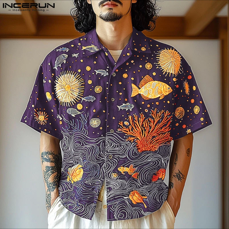

INCERUN Men's Shirt Printing Lapel Short Sleeve Loose Summer Casual Men Clothing Streetwear Vacation Fashion Male Shirts Tops