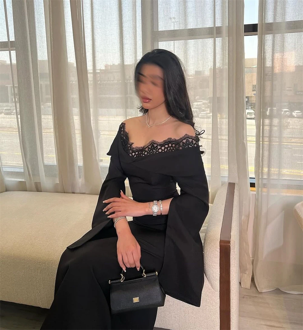 사용자 정의 간단한 블랙 저지 이브닝 드레스 우아한 오프 어깨 긴 소매 홈 커밍 드레스 패션 파티 가운