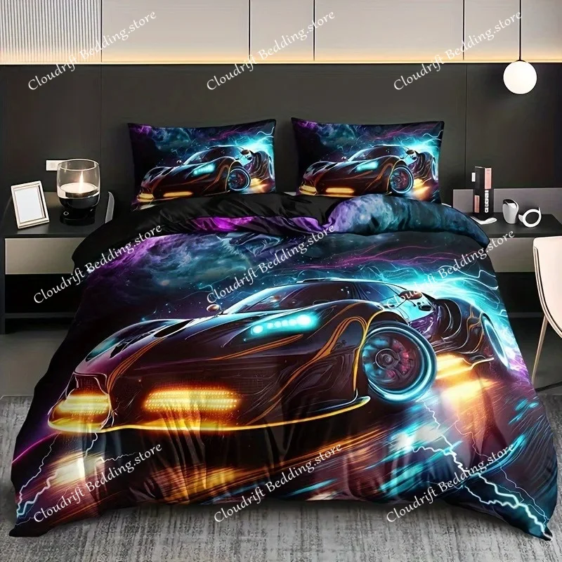 

Racing Car Duvet Cover Set Queen Size For Boys, Lightning Wolf Bedding Set For Room Decor, Speed Car Comforter Covers