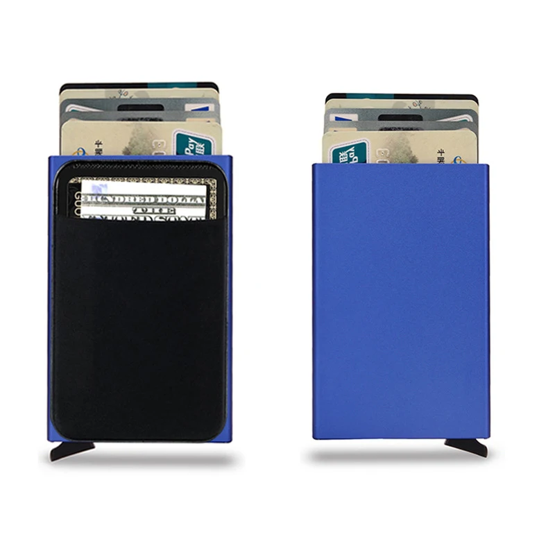 Dunne Blauwe Slanke Aluminium Portemonnee Met Elasticiteit Terug Pouch Id Credit Kaarthouder Mini Rfid Portemonnee Automatische Pop Up Bank card Case