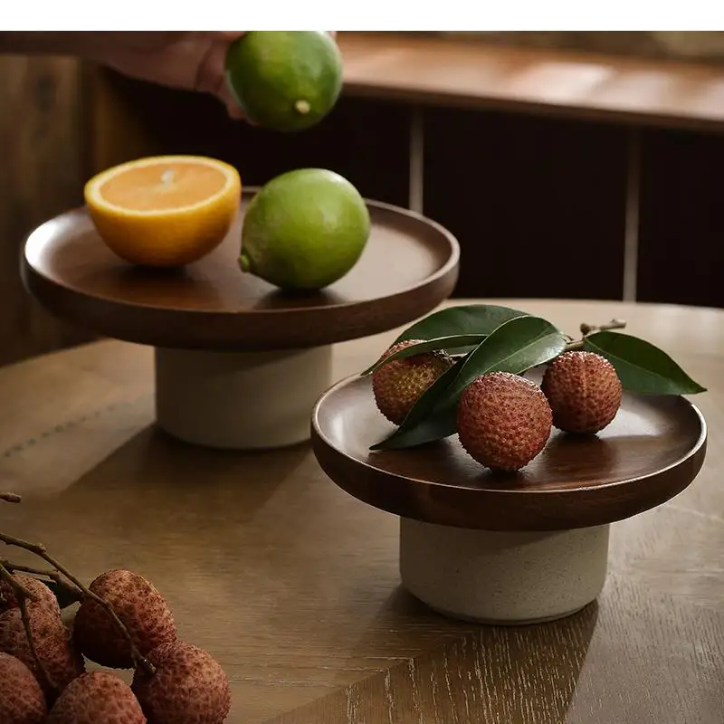 

Wood Round Stand Tray Ceramic Plate Cake Dessert Fruit Bread Nut Cupcake Holder High Desktop Decor