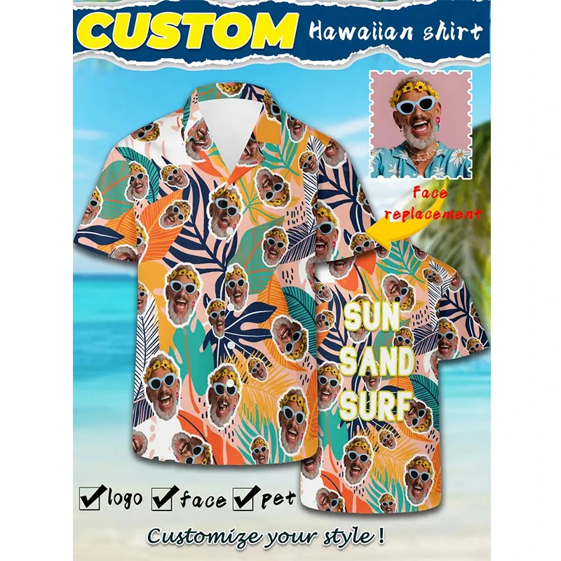 

Full Print Custom Photo Hawaii Shirts Family Personalized DIY Face Unisex Hawaiian Beach Shirt Gift For Family Funny Camisa Tops