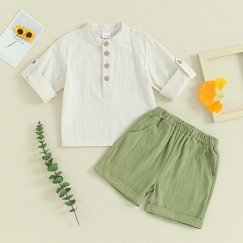 

1-4years Boy Summer Cotton Linen Set clothes Set for boys Button Tops Waist Shorts Outfit for Toddler boys