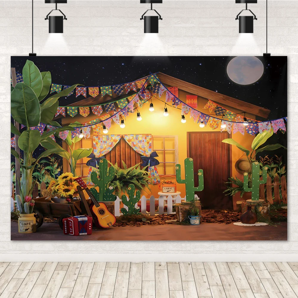 Laeacco Mexican Fiesta Theme Photography Backdrop Rustic Wood House Cactus Carnival Party Decor Baby Shower Birthday Background