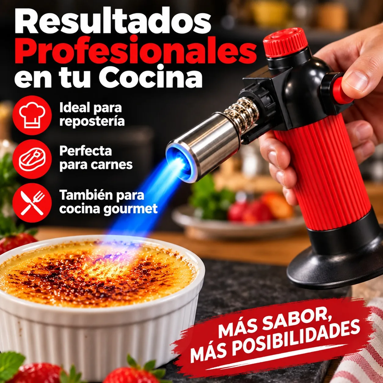 Soplete de Cocina Profesional Antorcha de Gas Recargable para Repostería y Barbacoa con Boquilla Metálica de Alta Resistencia Regulador de Llama Ajustable y Base Antideslizante Color Rojo