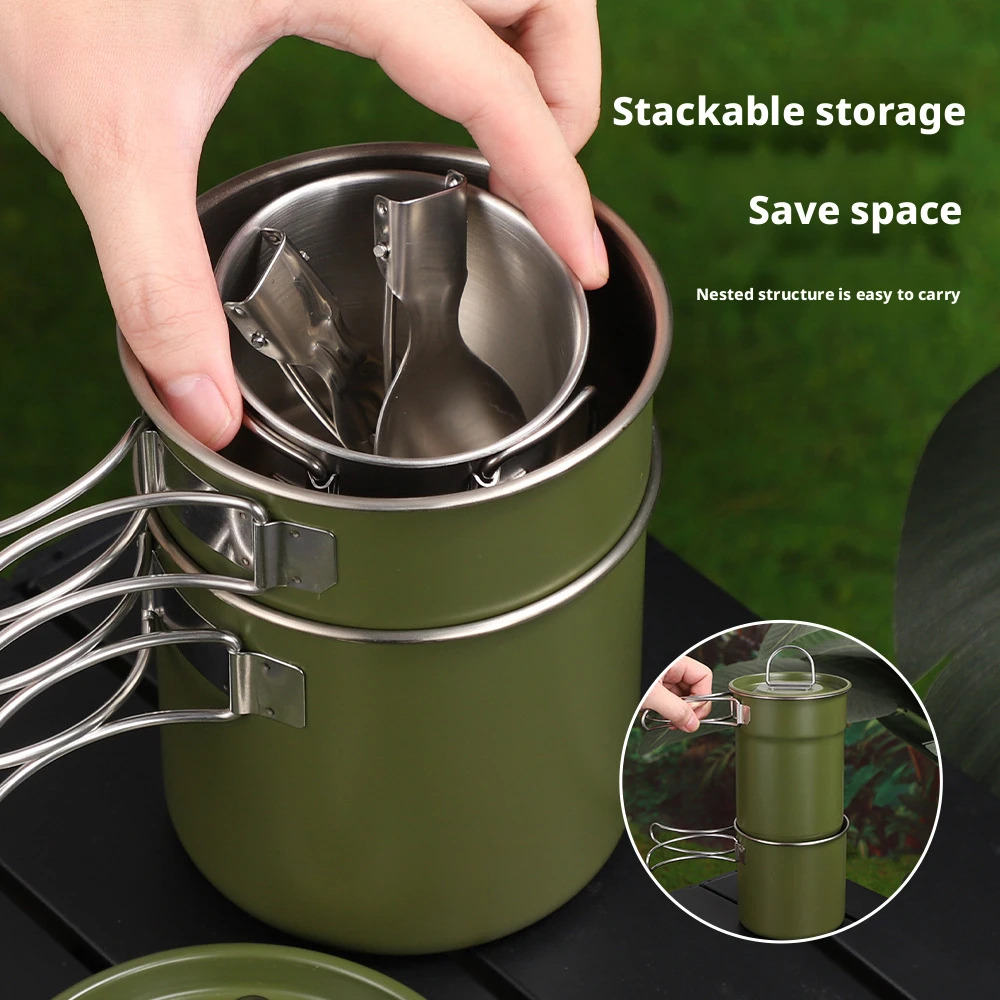 

304 Stainless Steel Camping Cookware Set 5-Piece Lightweight Saute Pans Fork Spoon Easy Cleaning for Outdoor Hiking Backpacking