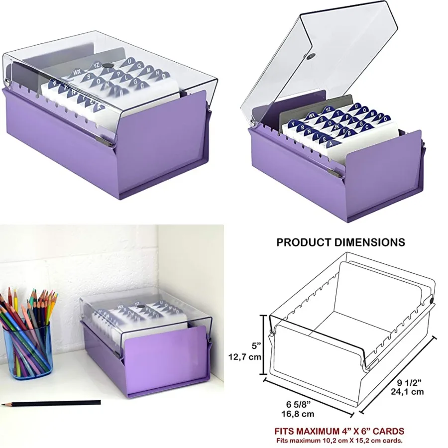 

4 x 6 Card File Holder Organizer Box Metal Base Heavy Duty AZ Index Cards and Divider Included (Purple Color with Clear Crystal