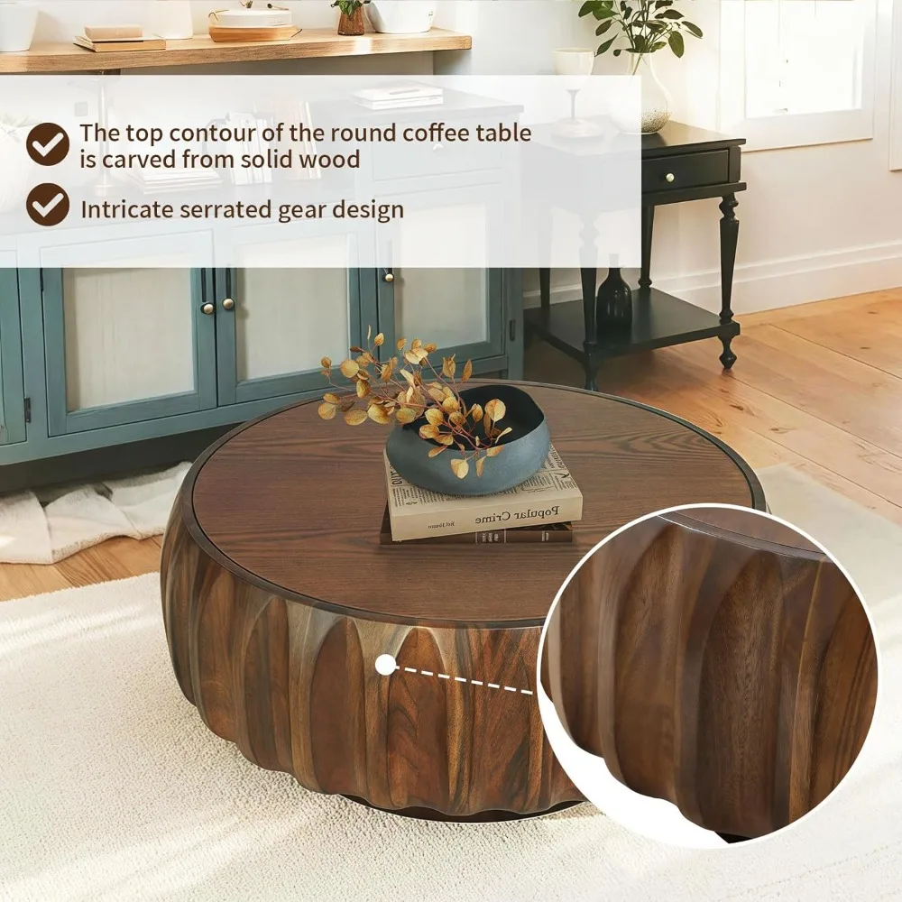 31.5 Drum Coffee Table Modern Unique Fluted Tea  Contemporary Wood Round Coffee  with Fluted Centry for Living