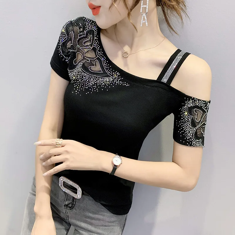 

Luxury Black White Red Off Shoulder T-shirt Women Shiny Diamond Hollow Out Sexy Tees Slim Tops Summer Short Sleeve Jackets Chic