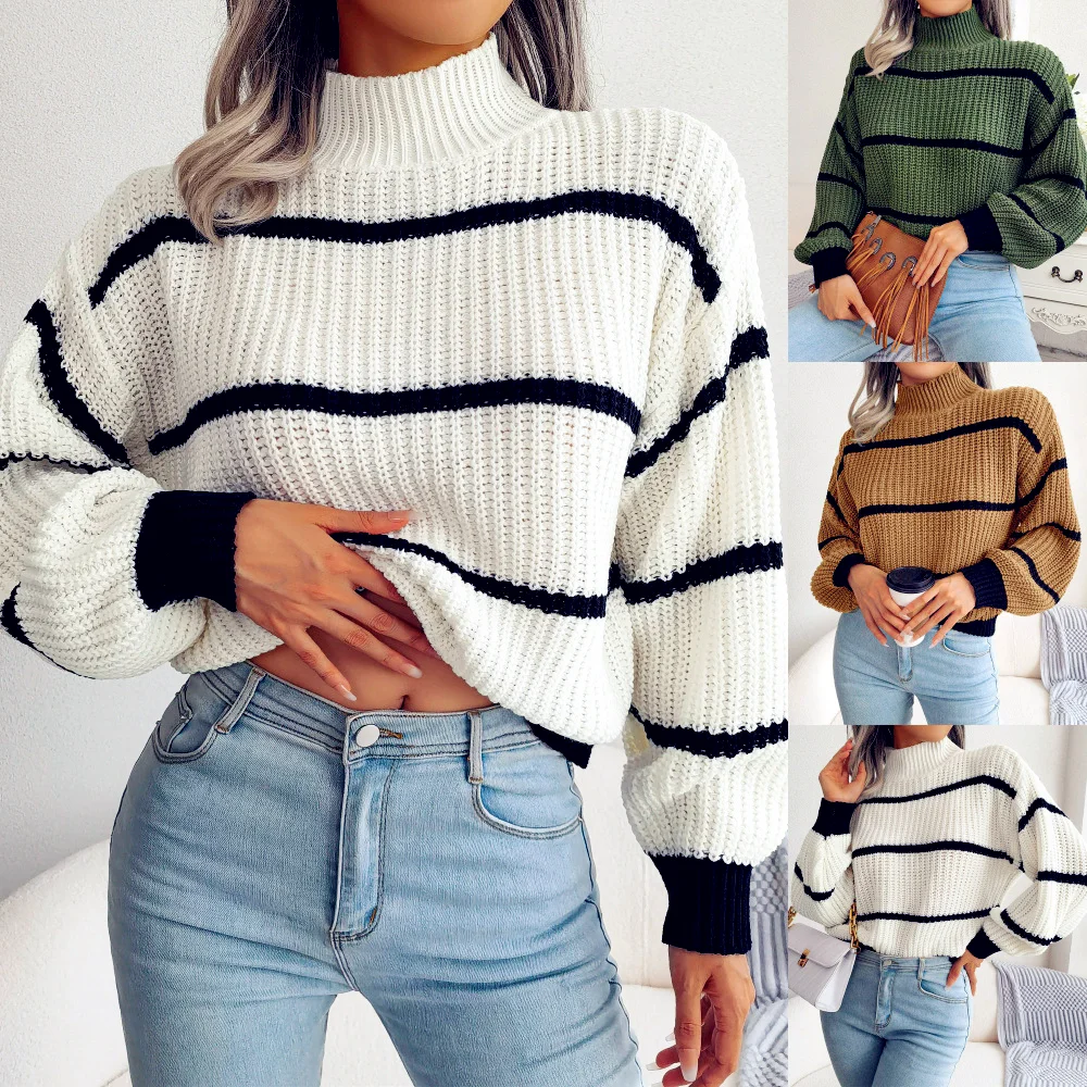 

Осенне-зимний свободный и ленивый вязаный свитер, теплый женский пуловер в полоску с полувысоким воротником серии