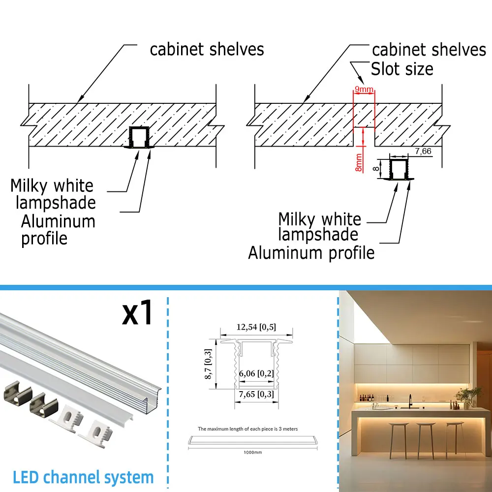 

8*9mm 1pcs 1m LED Aluminum Strip Light Embedded Installation Superior Lighting for Your Furniture