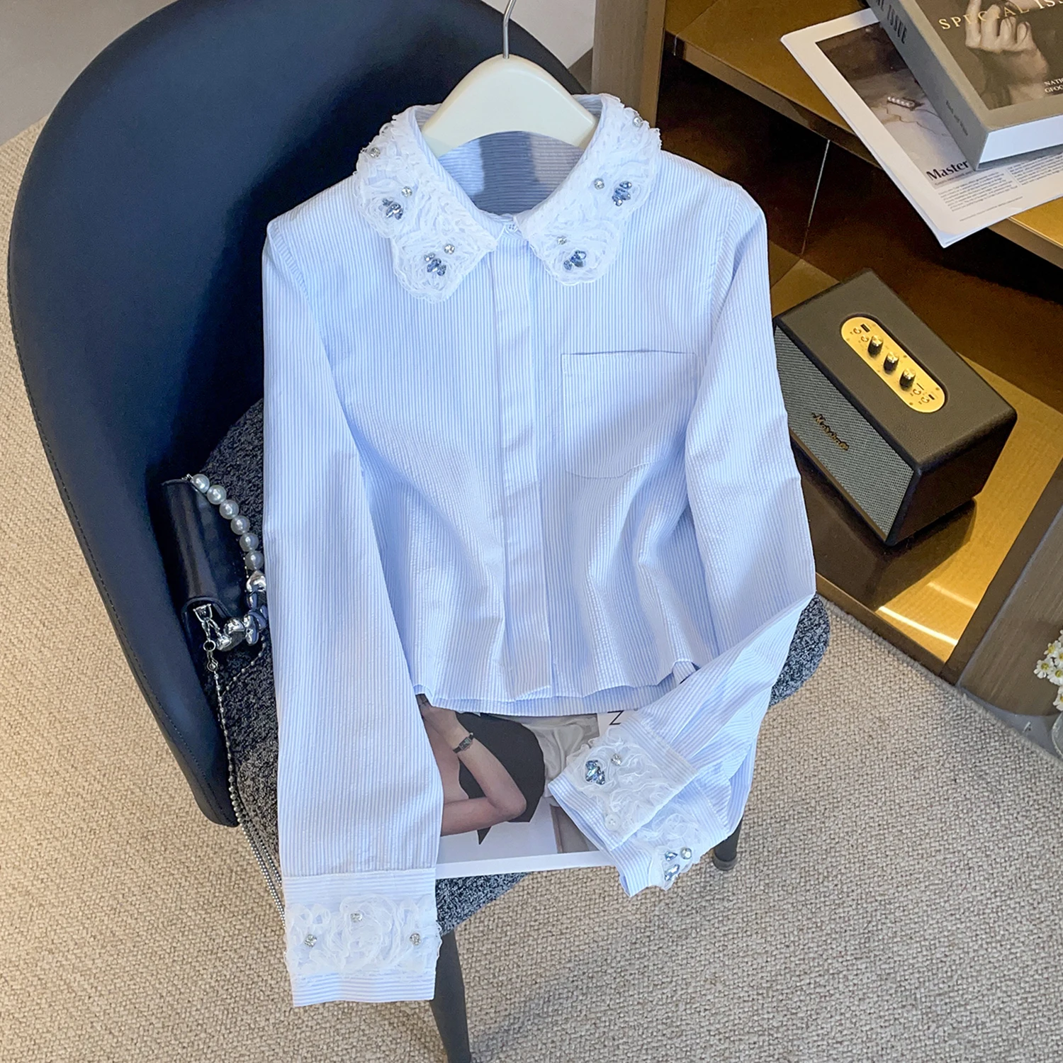 

High-End Women's Lace Collar Diamond Embellied Striped irt Ele Miss Rich Sle Autumn Winter New Arrival Loose Fit