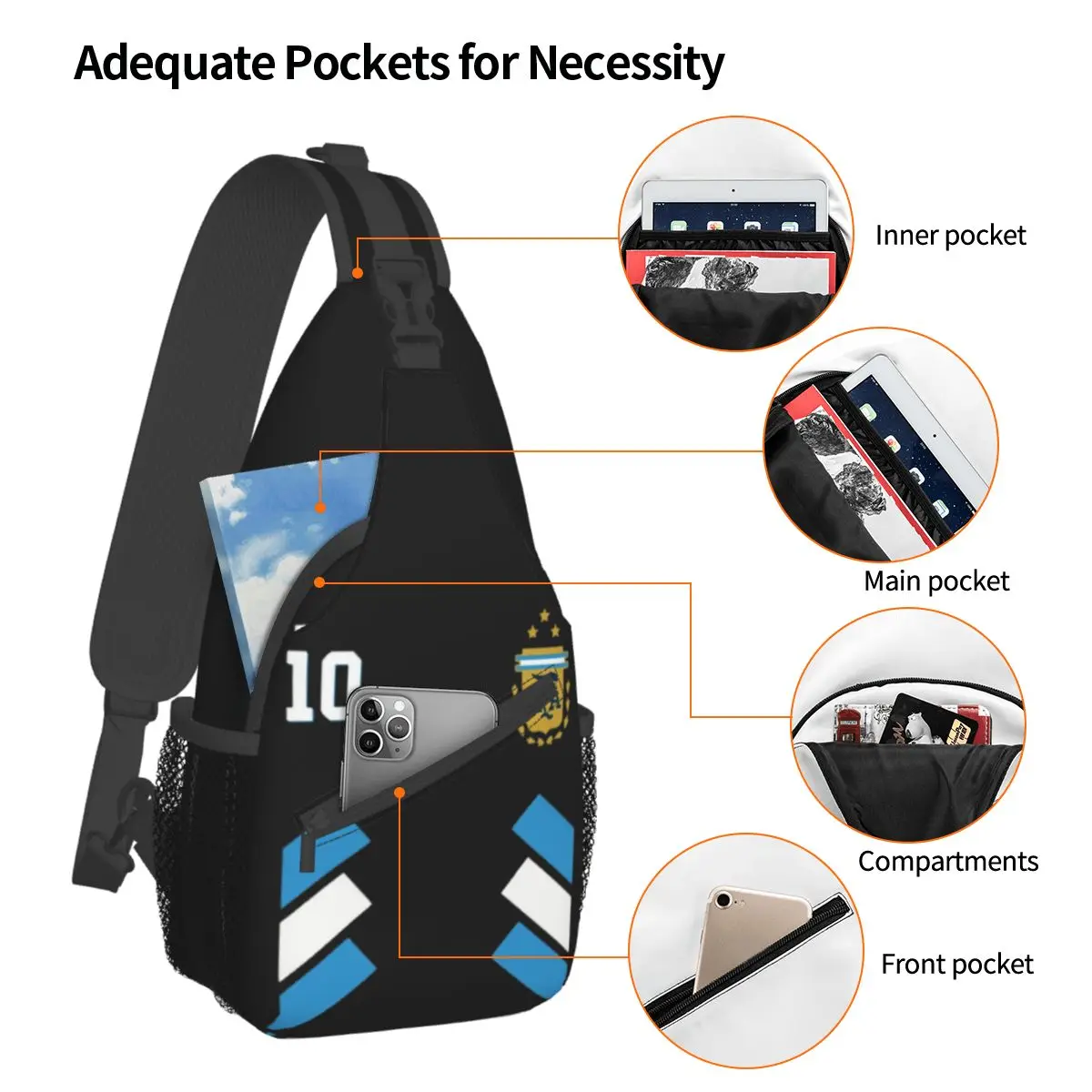 Number 10 Argentina Football Small Sling Bags Chest Crossbody Shoulder Sling Backpack Outdoor Sports Daypacks Messi Printed Bag