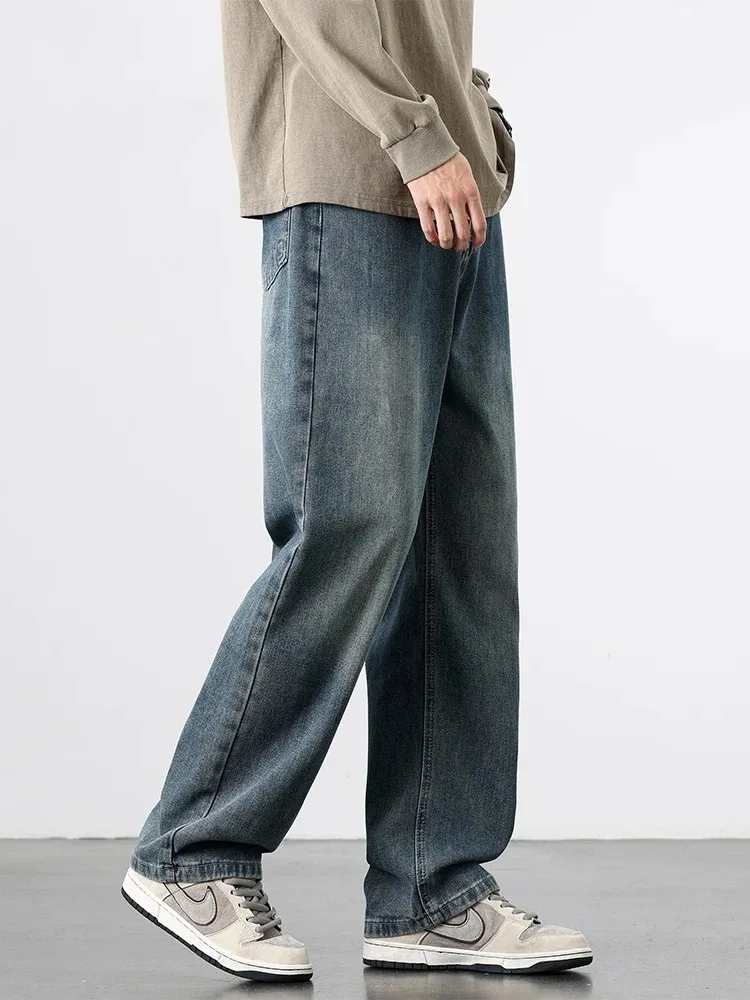 Calças Jeans Americanas Retrô de Primavera e Outono para Homens, Moda Streetwear Coreana, Calças Largas e Soltas de Denim