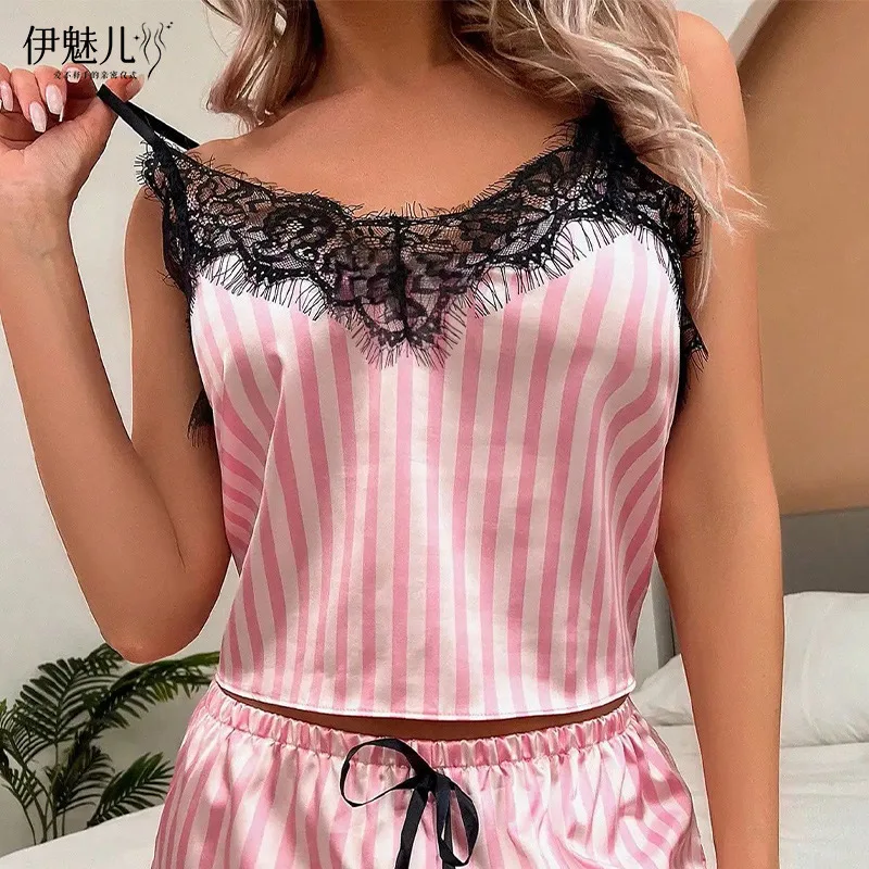 Two Piece Women\'s V-Neck Sexy Lace Suspender Pajama Shorts Set Casual Women\'s Sleeveless Sexy Pajama Set