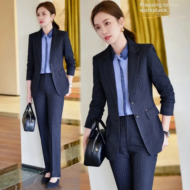 Trajes elegantes a rayas para mujer, traje de negocios de oficina de estilo coreano, ropa de estilo occidental, ropa de trabajo de moda para mujeres profesionales