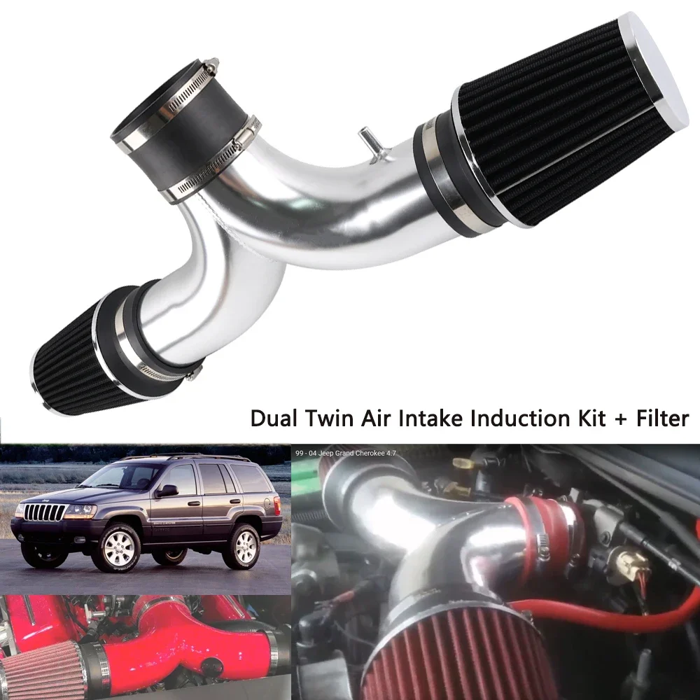 

Индукционный комплект воздухозаборника для 99-04 JEEP Grand Cherokee 4.7L V8 Dual Twin Dodge Dakota Durango 3.7L 4.7 алюминиевая трубка + фильтр