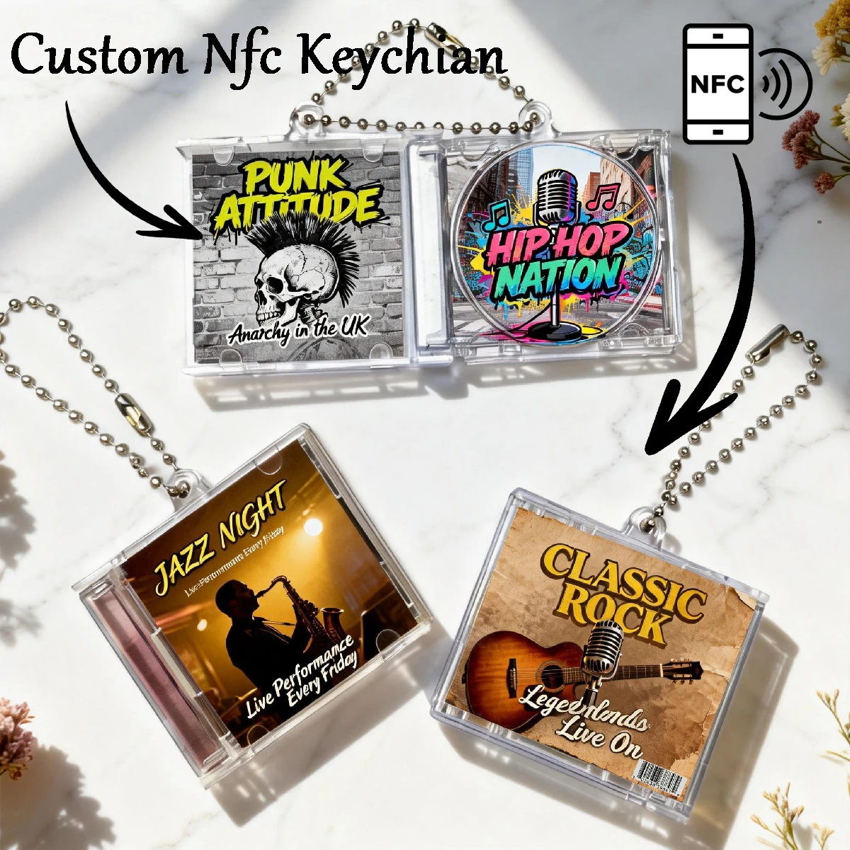 

2D плоский брелок-CD с NFC, персонализированный мини-брелок-CD с обложкой, музыкальный подарок на День святого Валентина для него и для нее