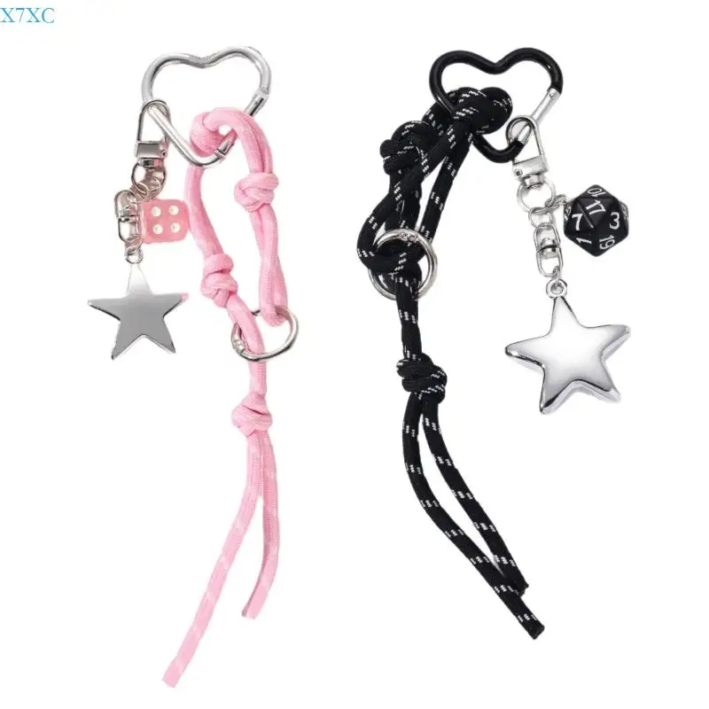 

X7XC Bag Charm Star Keyholders Lovely Heart Keychain Creative Backpack Handbag Pendant Ornaments Braided Rope Keyrings