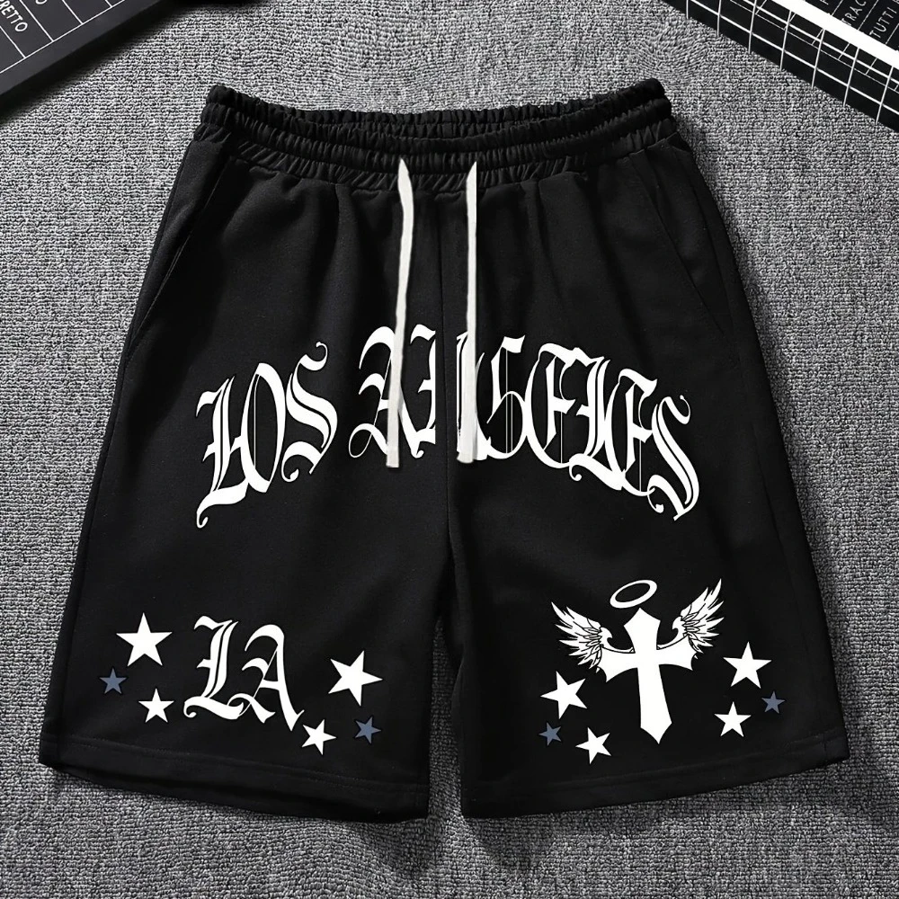 

Men's black casual drawstring shorts with the letters "Los Angeles", angel and star designs - comfortable to wear in summer