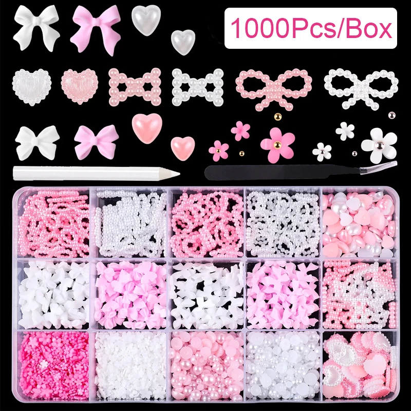 

1000/1750Pcs 3D Kawaii Nail Art Rhinestones Mini Bow Butterfly Heart Pearl Nails Charms Designs DIY Resin Kit Nail Decoration