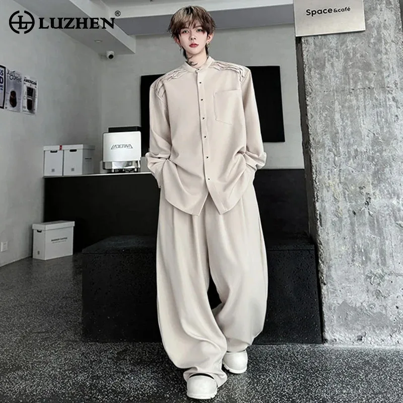

LUZHEN Elegant Two-piece Sets 2025 New Shoulder Pad Pleated Design Long Sleeve Shirts Men's Baggy Wide Leg Casual Pants JY3636