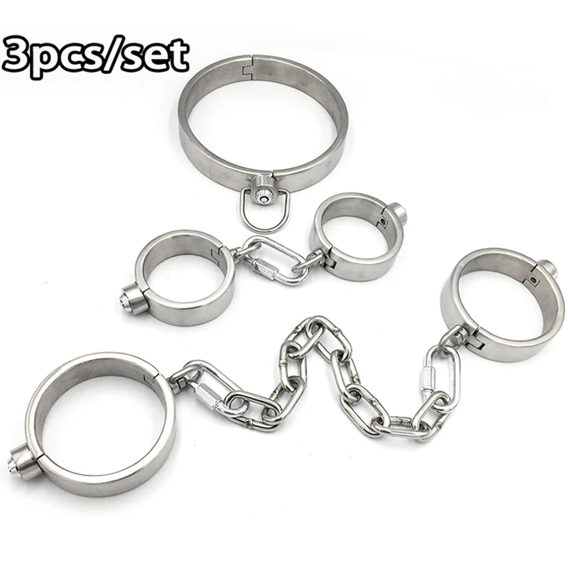 

3pcs/Set Stainless Steel BDSM Cuffs Restraints Bondage Kit Metal Handcuffs Neck Collar Shackles Adult Games Sex Toys For Couples