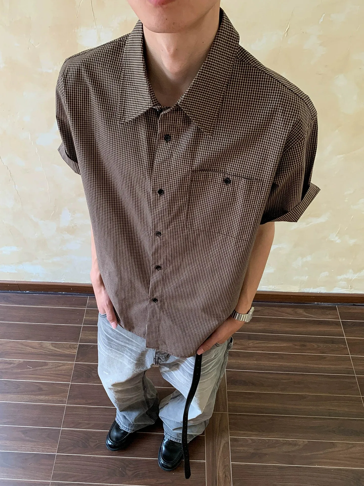 

Oalin Men's Plaid Short Sleeve Shirt Casual Classic Collar Brown Grids Vibe Commute Versatile Breathable Comfortable Summer