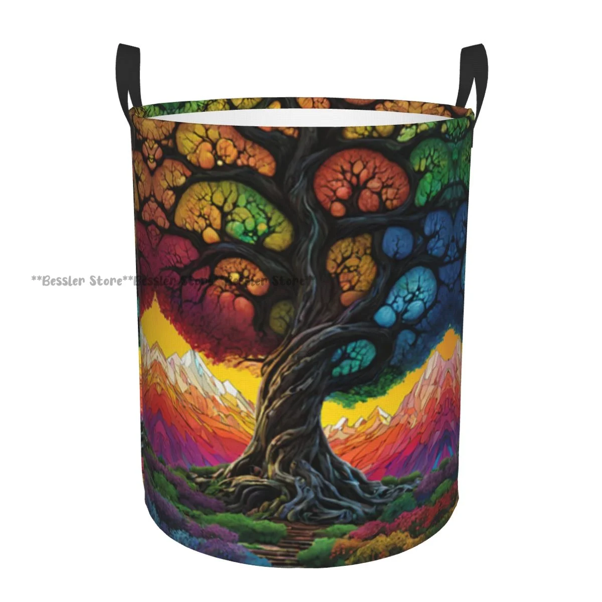 

Laundry Basket Colorful Fantasy Landscape With Tree In The Forest Round Storage Bin Collapsible Hamper Clothes Bucket Organizer