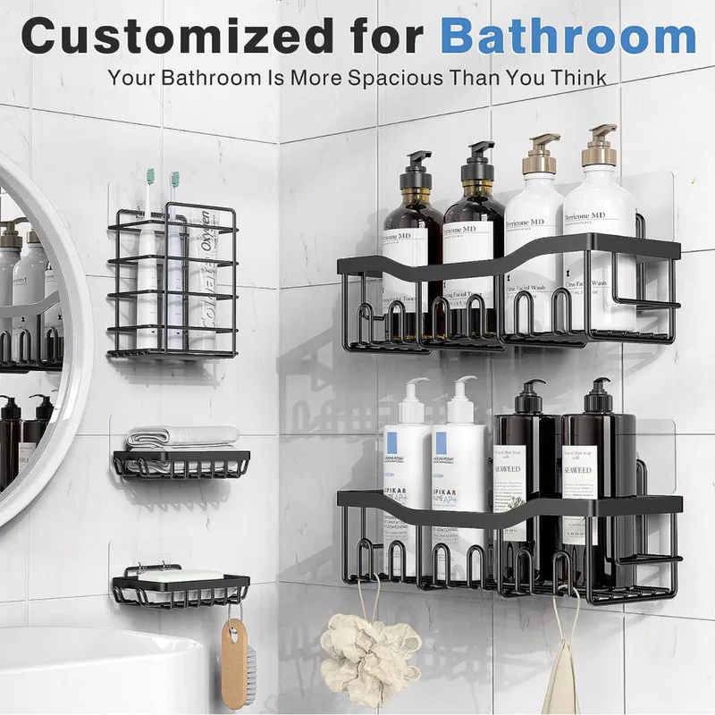 No-drill bathroom shelf, iron art design for storing toiletries, toothbrushes, and soap, wall-mounted organizer