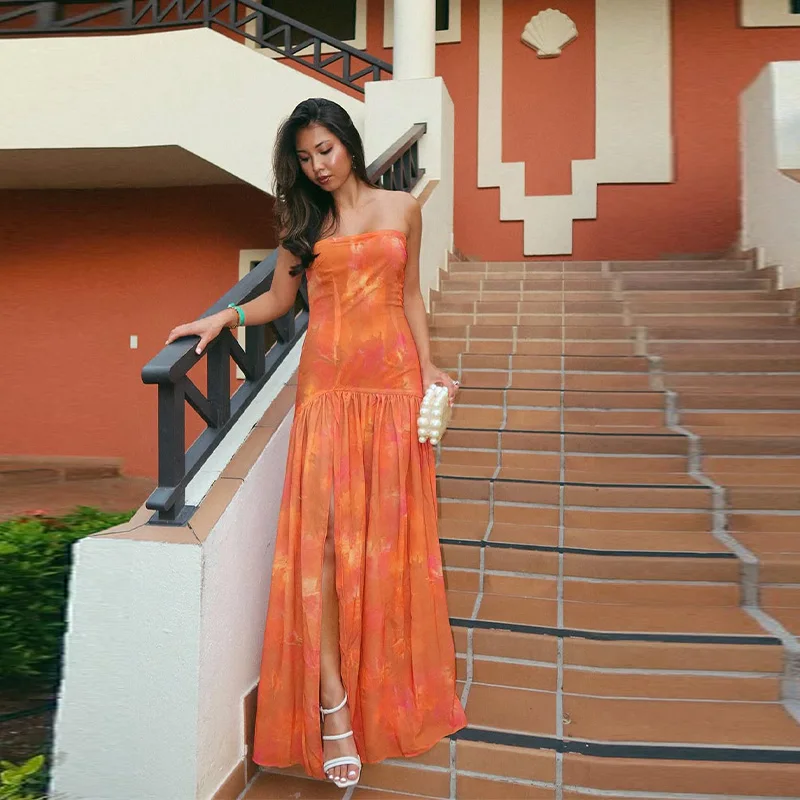 

Сексуальное платье макси без бретелек с цветочным принтом, модное, без рукавов, с открытой спиной, с высоким разрезом, для вечеринок, НОВИНКА 2026 года, летний пляжный наряд для отпуска